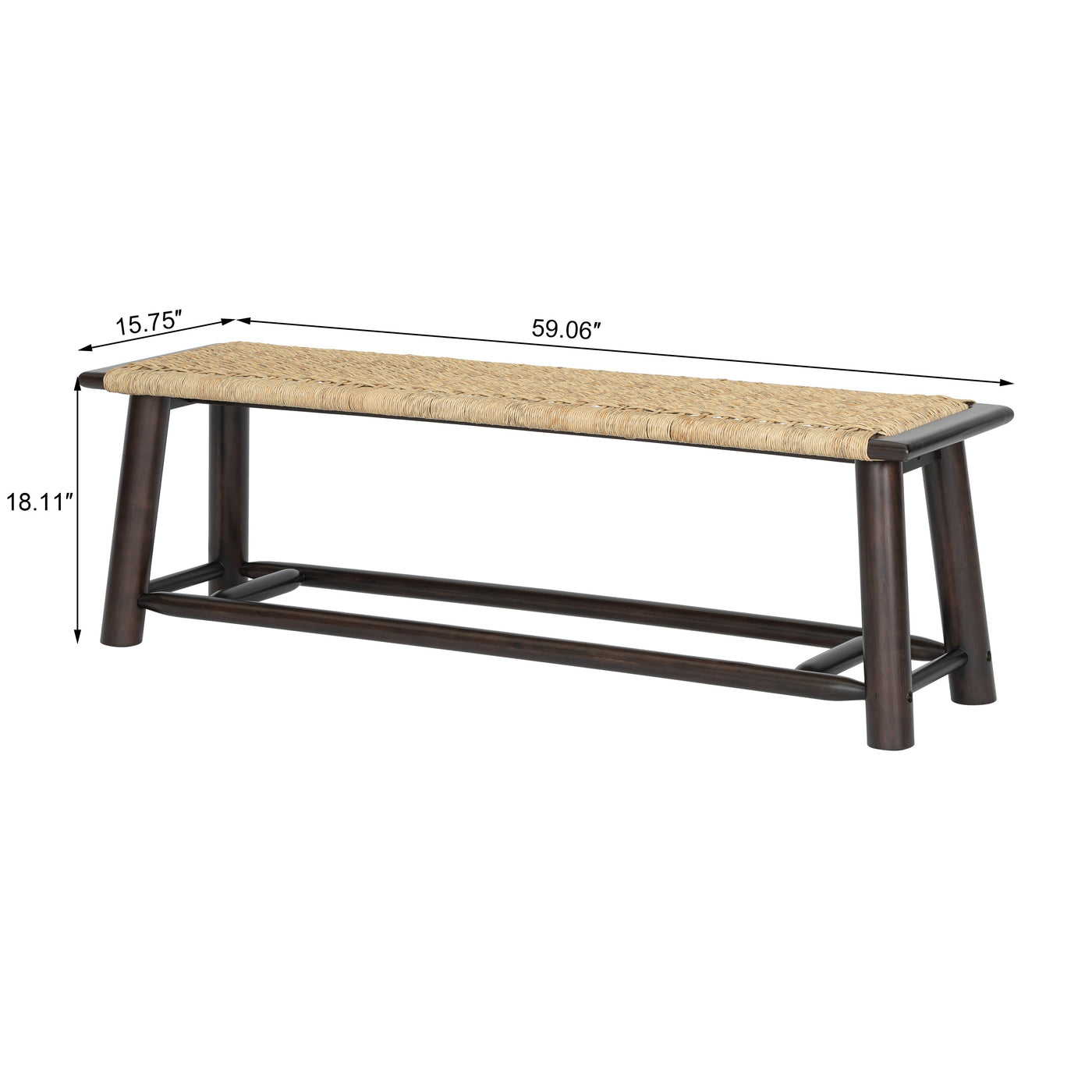 Farmhouse Modern Solid Wood Rattan Bench - Multi-Functional Design Walnut Finish 59 Inch Indoor & Covered Outdoor Bench