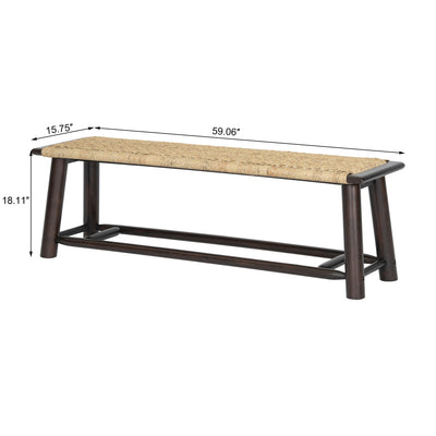 Farmhouse Modern Solid Wood Rattan Bench - Multi-Functional Design Walnut Finish 59 Inch Indoor & Covered Outdoor Bench