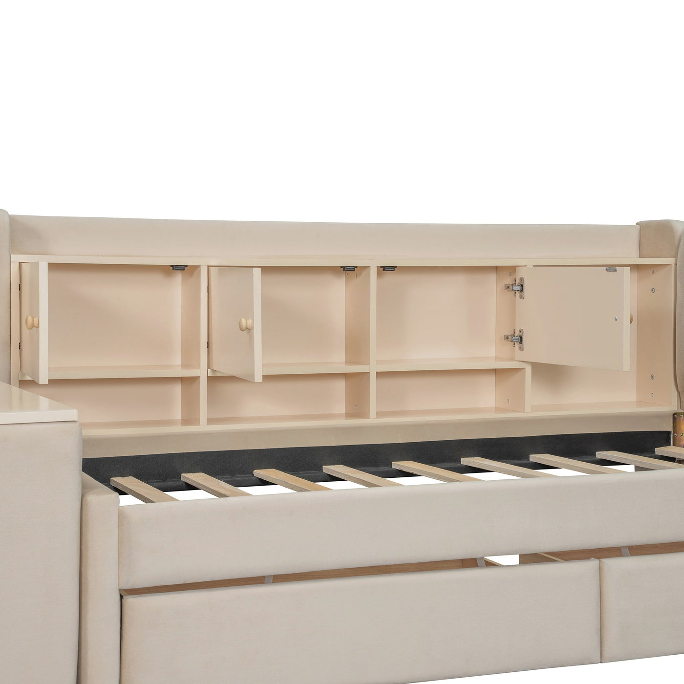 Twin Size Upholstered Daybed with Drawers, Shelves, Flip Cabinets & Side Table (Beige)