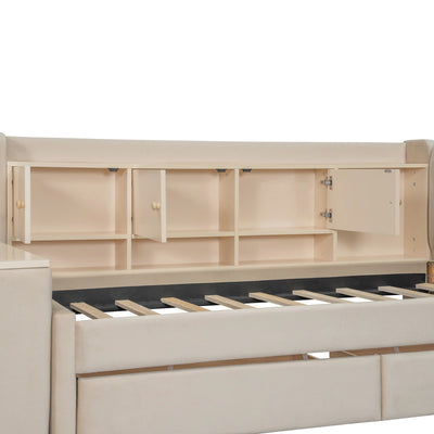 Twin Size Upholstered Daybed with Drawers, Shelves, Flip Cabinets & Side Table (Beige)
