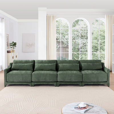 Ergonomic Green Chenille Four-Seater Sofa with Lumbar Pillow, Solid Wood Frame, High-Resilience Sponge