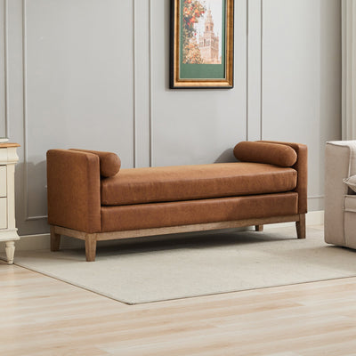 Elegant Upholstered Bench,Daybed,Ottoman with Wood Legs & 2 Bolster Pillows,Brown PU,66.34'W