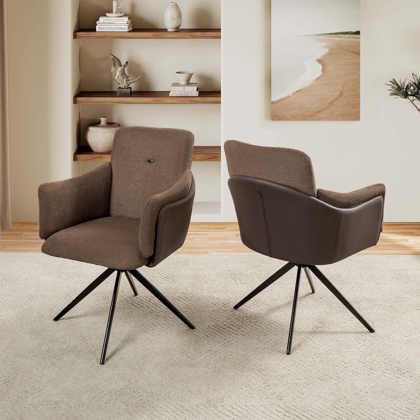 360° Swivel Home Office Desk Chairs Set of 2,Dining Chairs with Arm, Upholstered Bedroom Chairs with Metal Base,Makeup Chair for Vanity, for Living Room, Bedroom,Study Room,Dining Room(Dark Brown)