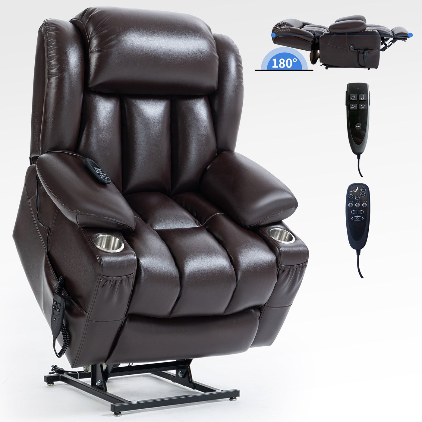 Dual Motor Infinite Position Up to 350 LBS Leatherair Power Lift Recliner Chair, Heavy Duty Motion Mechanism with 8-Point Vibration Massage and Lumbar Heating, Stainless steel Cup Holders, Brown