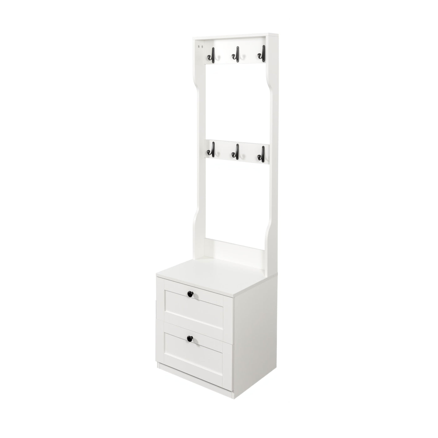2-in-1 Coat Rack and Nightstand,Wood Bedside/Entryway Storage Organizer with Drawer & Hooks, Freestanding Clothes Hanger for Bedroom,Hallway