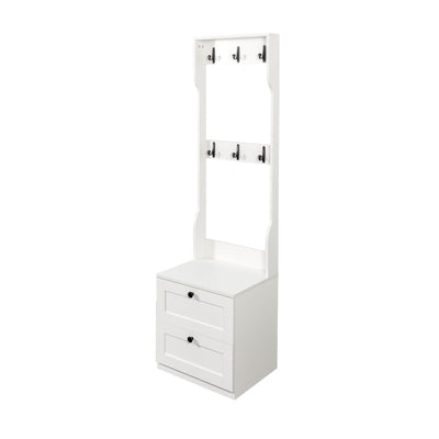 2-in-1 Coat Rack and Nightstand,Wood Bedside/Entryway Storage Organizer with Drawer & Hooks, Freestanding Clothes Hanger for Bedroom,Hallway