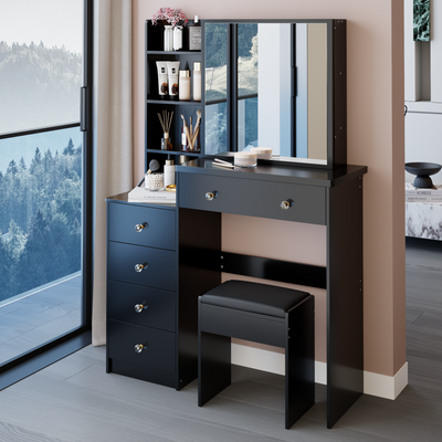 37' Middle Size Left Bedside Cabinet Vanity Table + Cushioned Stool, Extra Large Right sliding mirror, Multi Layer High Capacity Storage, Practical Fashionable Dresser, Suitable For Middle Space