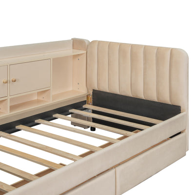 Twin Size Upholstered Daybed with Drawers, Shelves, Flip Cabinets & Side Table (Beige)