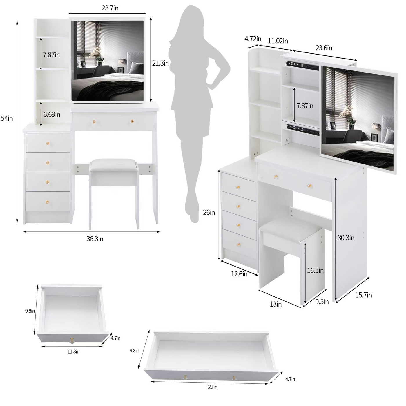 37' Middle Size Left Bedside Cabinet Vanity Table + Cushioned Stool, Extra Large Right sliding mirror, Multi Layer High Capacity Storage, Practical Fashionable Dresser, Suitable For Large Space