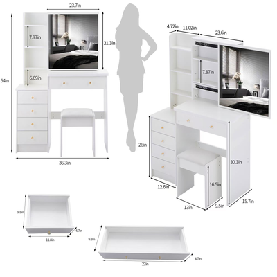 37' Middle Size Left Bedside Cabinet Vanity Table + Cushioned Stool, Extra Large Right sliding mirror, Multi Layer High Capacity Storage, Practical Fashionable Dresser, Suitable For Large Space