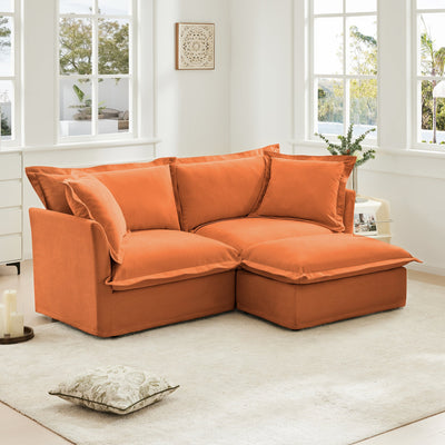 Slipcovered Sectional 2 Seater Sofa Couch with Convertible Ottoman, Wide and Deep Seat L Shaped Sofa with Detachable Cover and Soft Multiple Big Pillows, Chenille Fabric, Orange