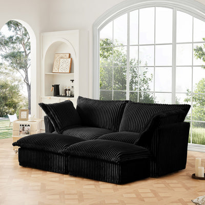 Slipcovered Sofa 2 Seater Sofa    With 2 Ottomans, 2 Seater Sleeper Sofa Bed Home Theater Oversized Sofa For Living Room, Corduroy, Black