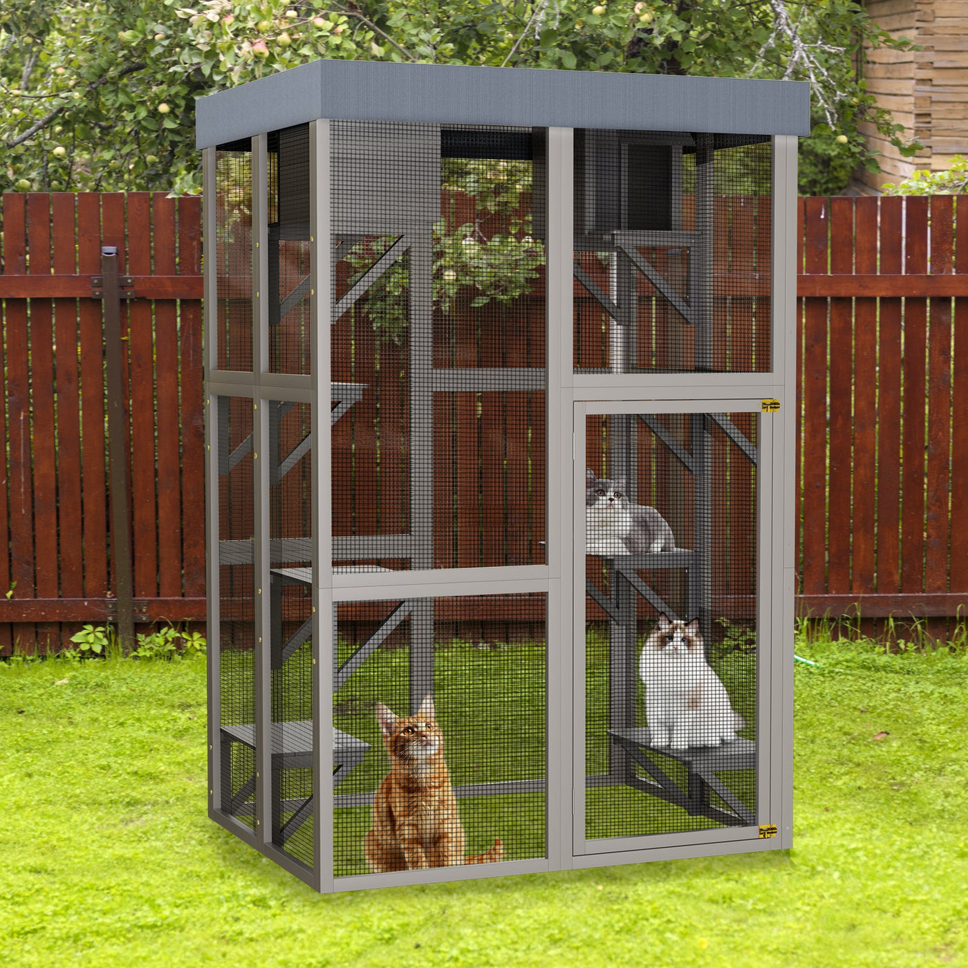70.5＂ Tall Wooden Catio Outdoor Cat Enclosure, Gray Cat House Large Solid Wood Cage Playpen with 6 Jumping Platforms & 2 Napping Houses, Movable tarp cover