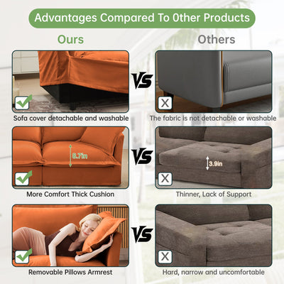 Slipcovered Sectional 2 Seater Sofa Couch with Convertible Ottoman, Wide and Deep Seat L Shaped Sofa with Detachable Cover and Soft Multiple Big Pillows, Chenille Fabric, Orange