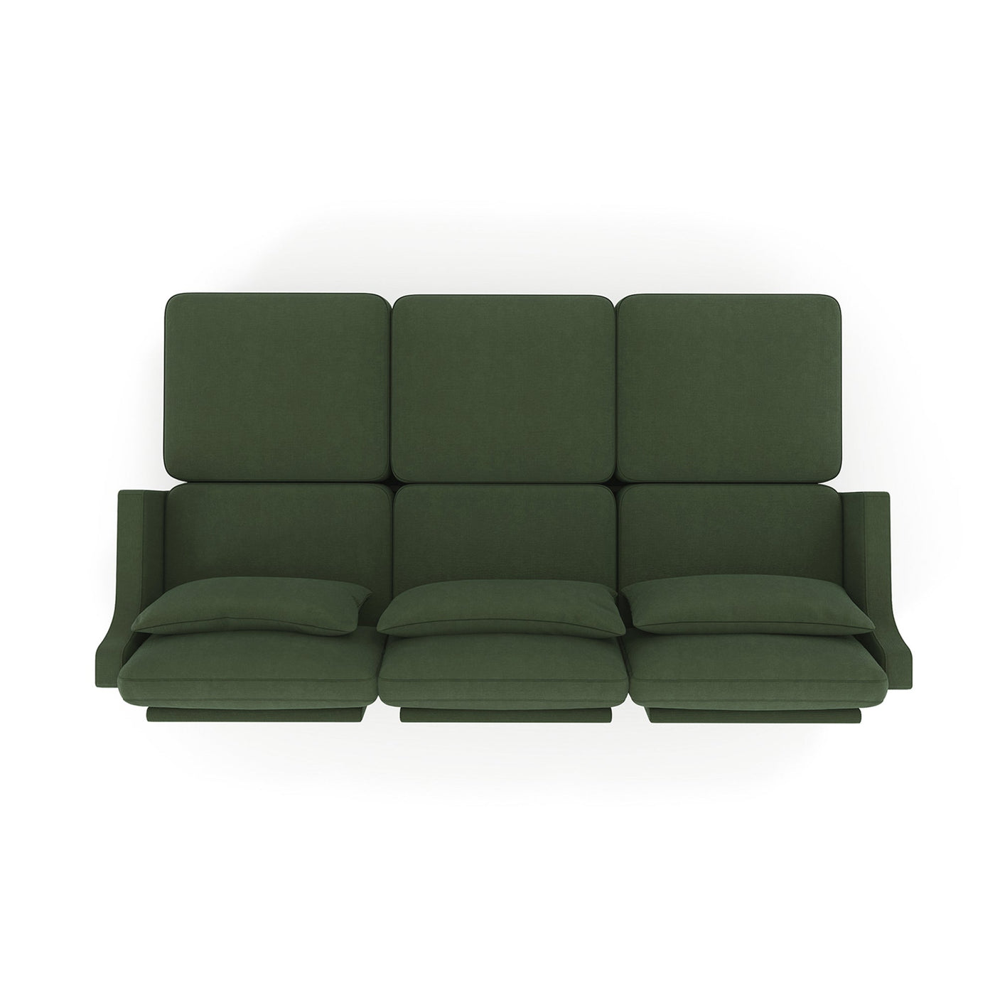Ergonomic Three-Seater Sofa with Movable Ottomans and Lumbar Pillow in Green Chenille with Wooden Base