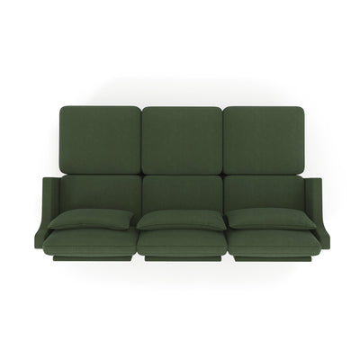 Ergonomic Three-Seater Sofa with Movable Ottomans and Lumbar Pillow in Green Chenille with Wooden Base