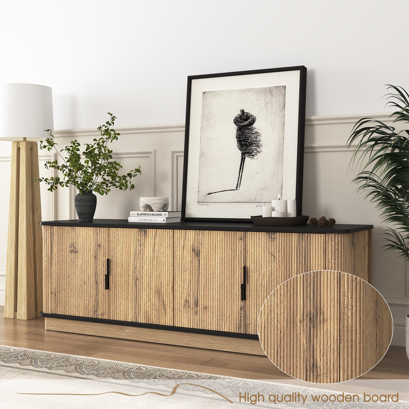 Natural Wood Grain Four-Door MDF TV Cabinet, An Ideal Choice for TV And Item Storage in Modern Homes, A Perfect Blend of Nordic And Modern Minimalist Styles, With Dimensions of 55*15.7*18.9 inches