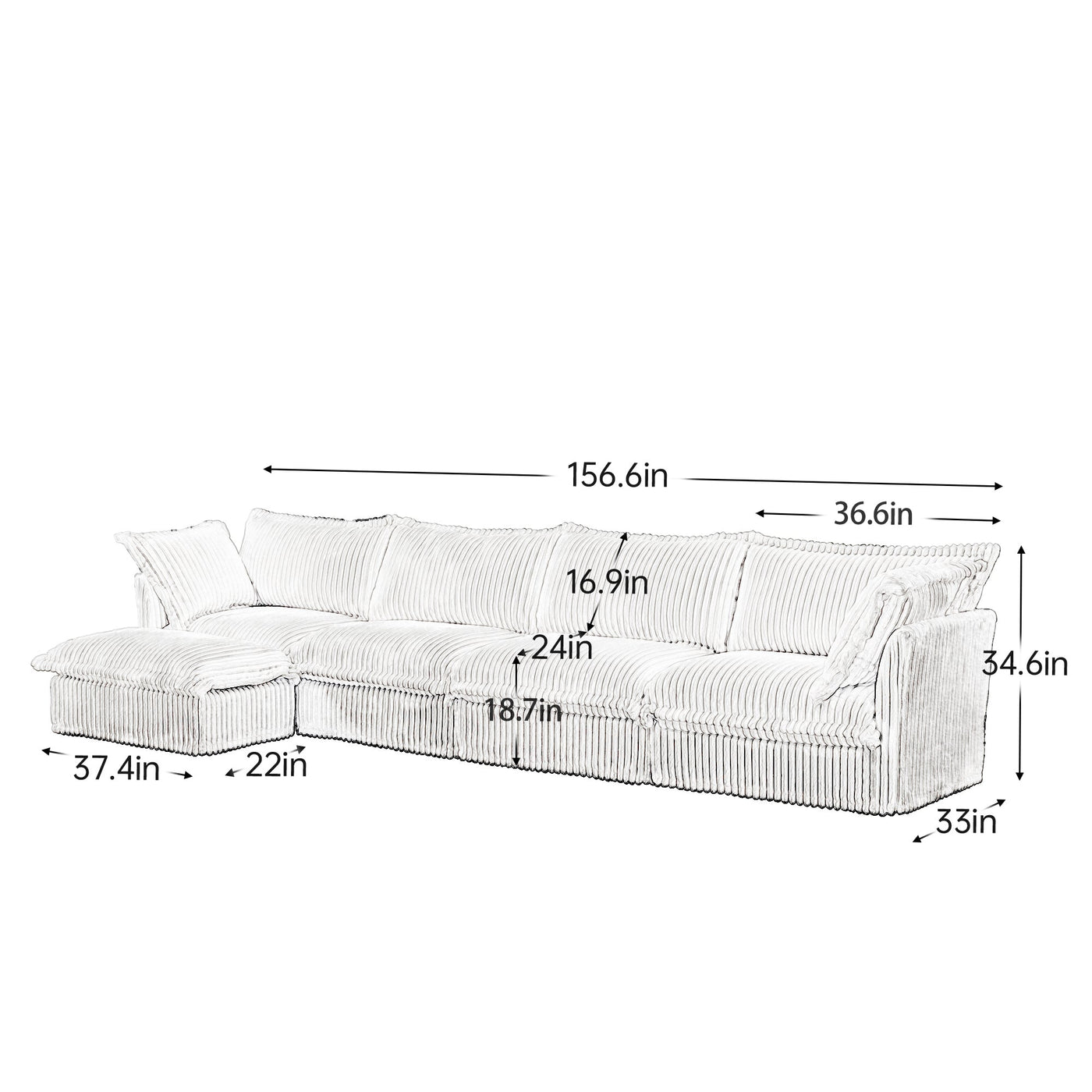 Slipcovered L Shape Sectional Long Sofa Couch, 4 Seater Sofa with Suppleness Armrests,Deep Seat Sofa with 2 Big Pillows, Comfy Couch for Living Room, Apartment, Black Corduroy Fabric