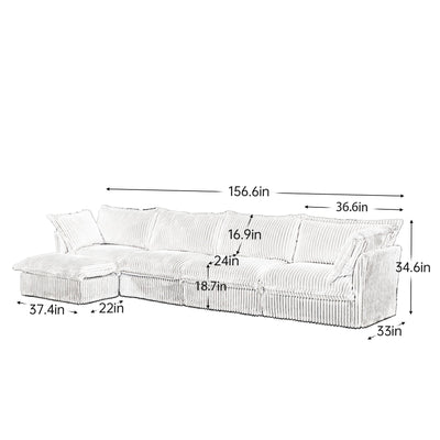 Slipcovered L Shape Sectional Long Sofa Couch, 4 Seater Sofa with Suppleness Armrests,Deep Seat Sofa with 2 Big Pillows, Comfy Couch for Living Room, Apartment, Black Corduroy Fabric