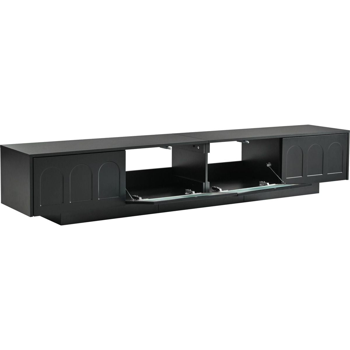 TV Stand with Fluted tempered Glass Doors for TVs Up to 95", Functional Media Console with Arched Cabinet Doors, Entertainment Center with APP-Controlled LED Light for Living Room, Black