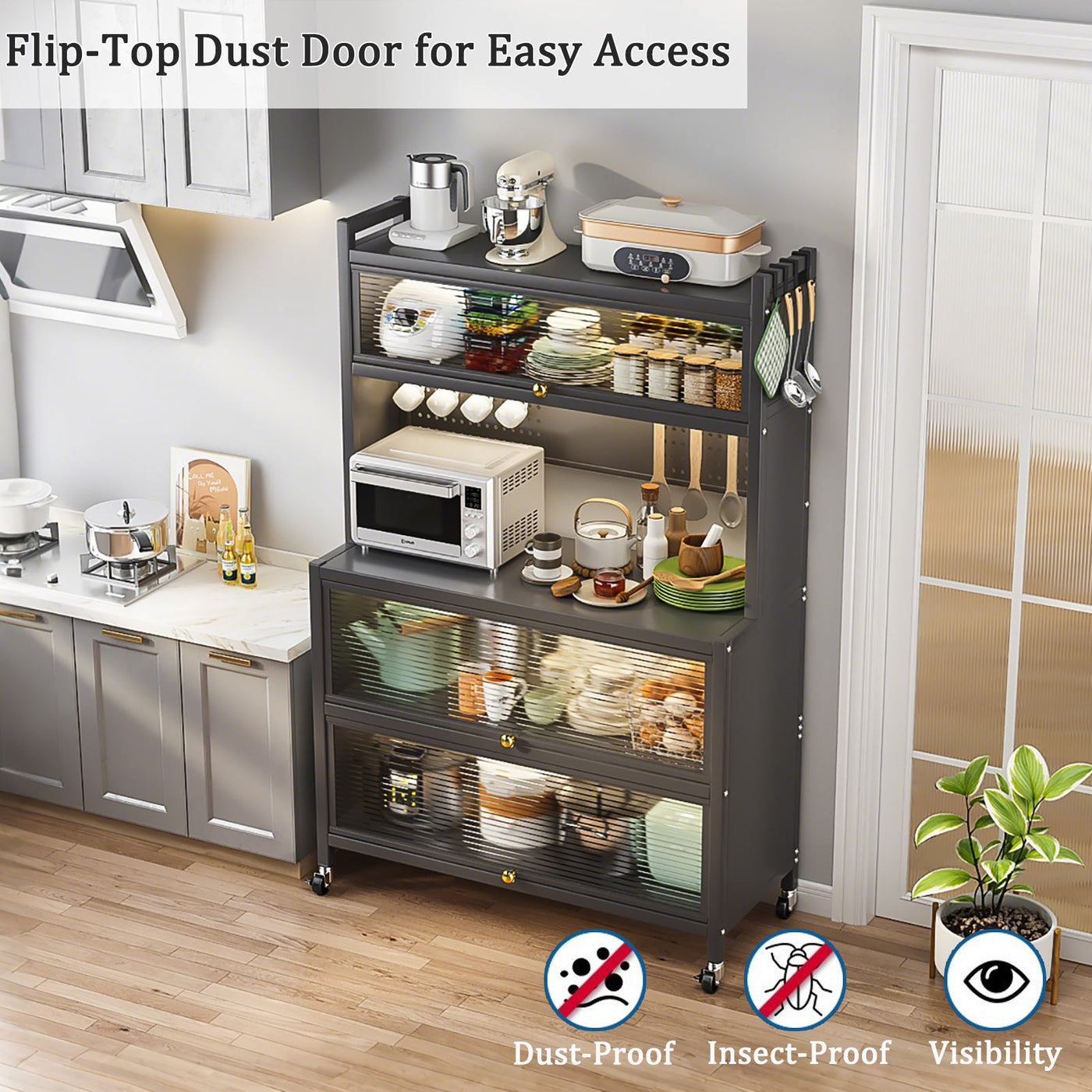 64' Kitchen Pantry Storage Cabinet, 5 Tier Metal Storage Cabinet with Wheels, Transparent Flap Door &  DIY Hole Board , Kitchen Storage Bakers Rack, for Kitchen, Living Room and Dining Room, Gray