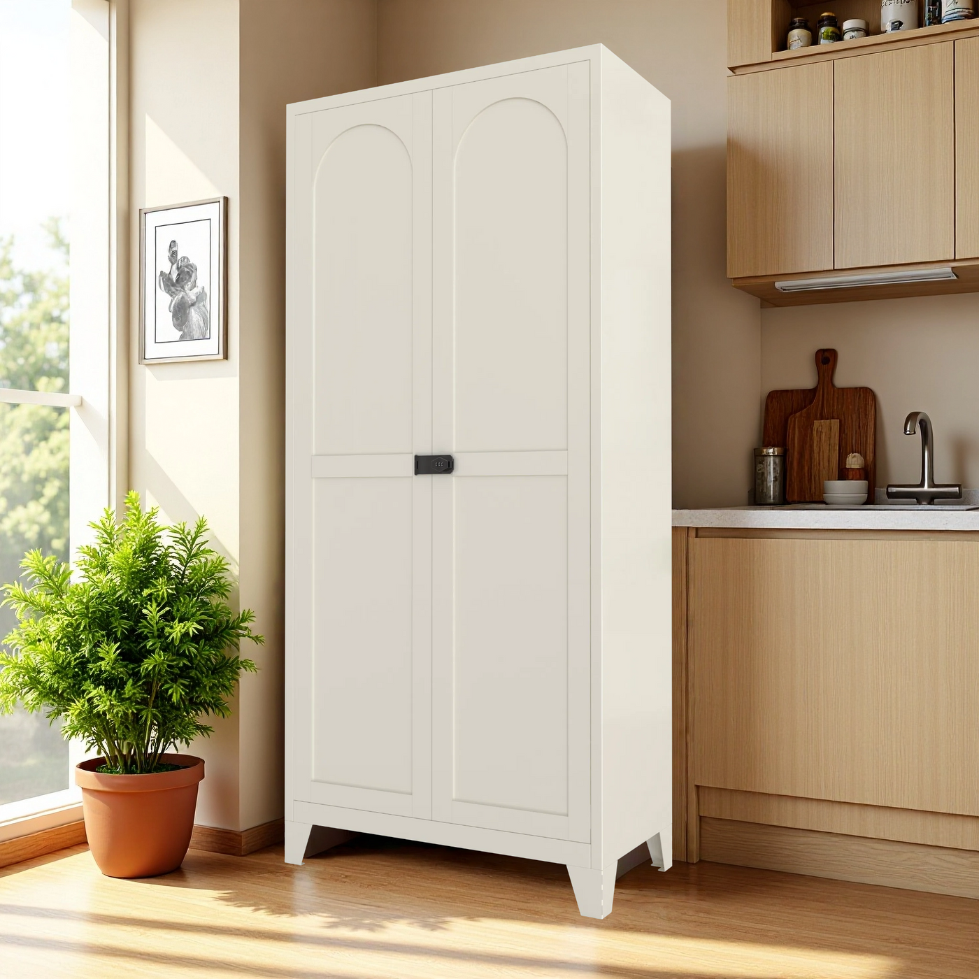 71'' 2 Shapely Door Cabinet With Lock, Metal Storage Cabinet with Doors and Adjustable Shelves, for Kitchen, Bedroom, Living Room(Beige)