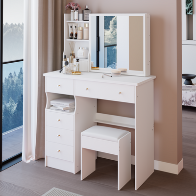 37' Middle Size Left Drawer Desktop Vanity Table + Cushioned Stool, Extra Large Right sliding mirror, Multi Layer High Capacity Storage, Practical Fashionable Dresser, Suitable For Large Space