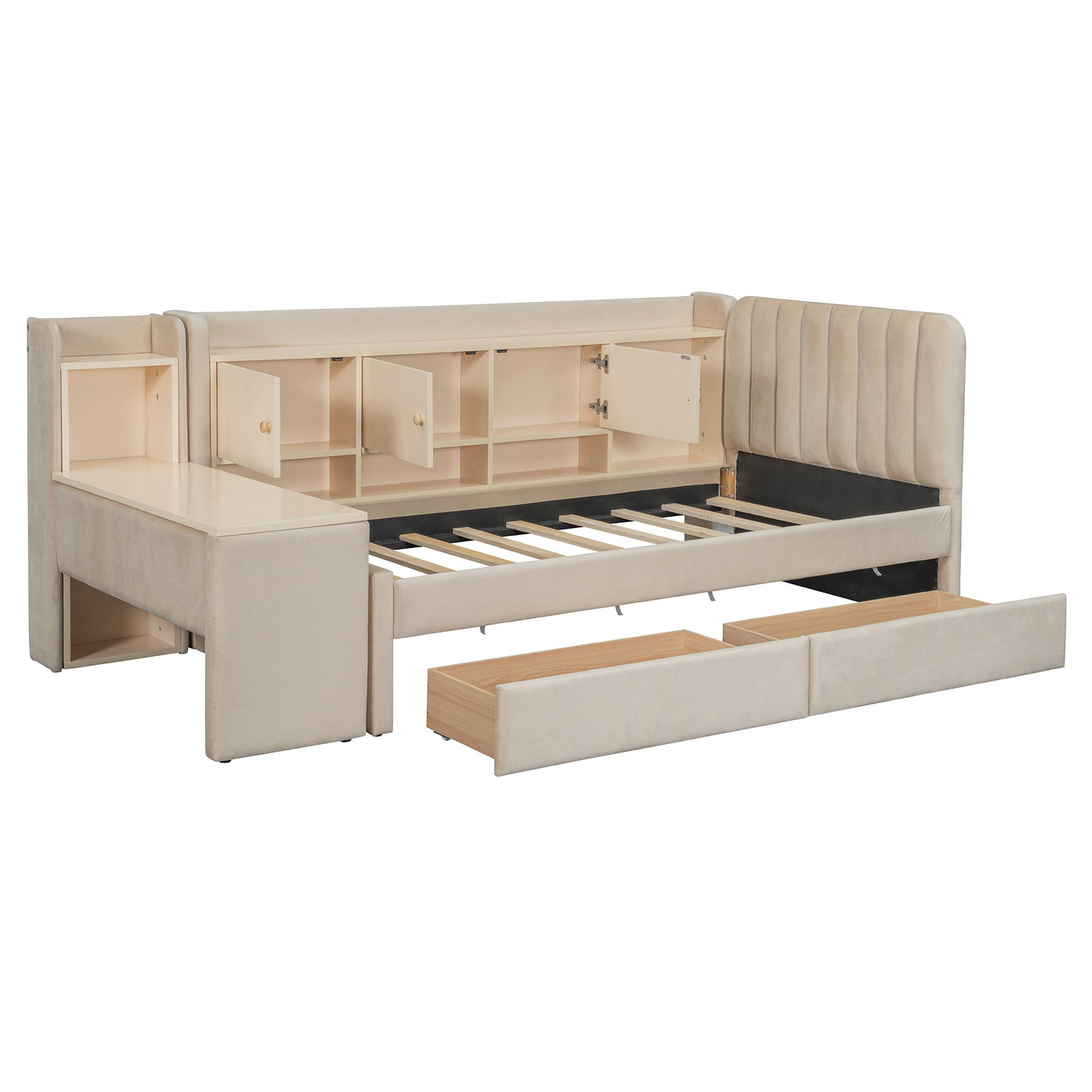 Twin Size Upholstered Daybed with Drawers, Shelves, Flip Cabinets & Side Table (Beige)