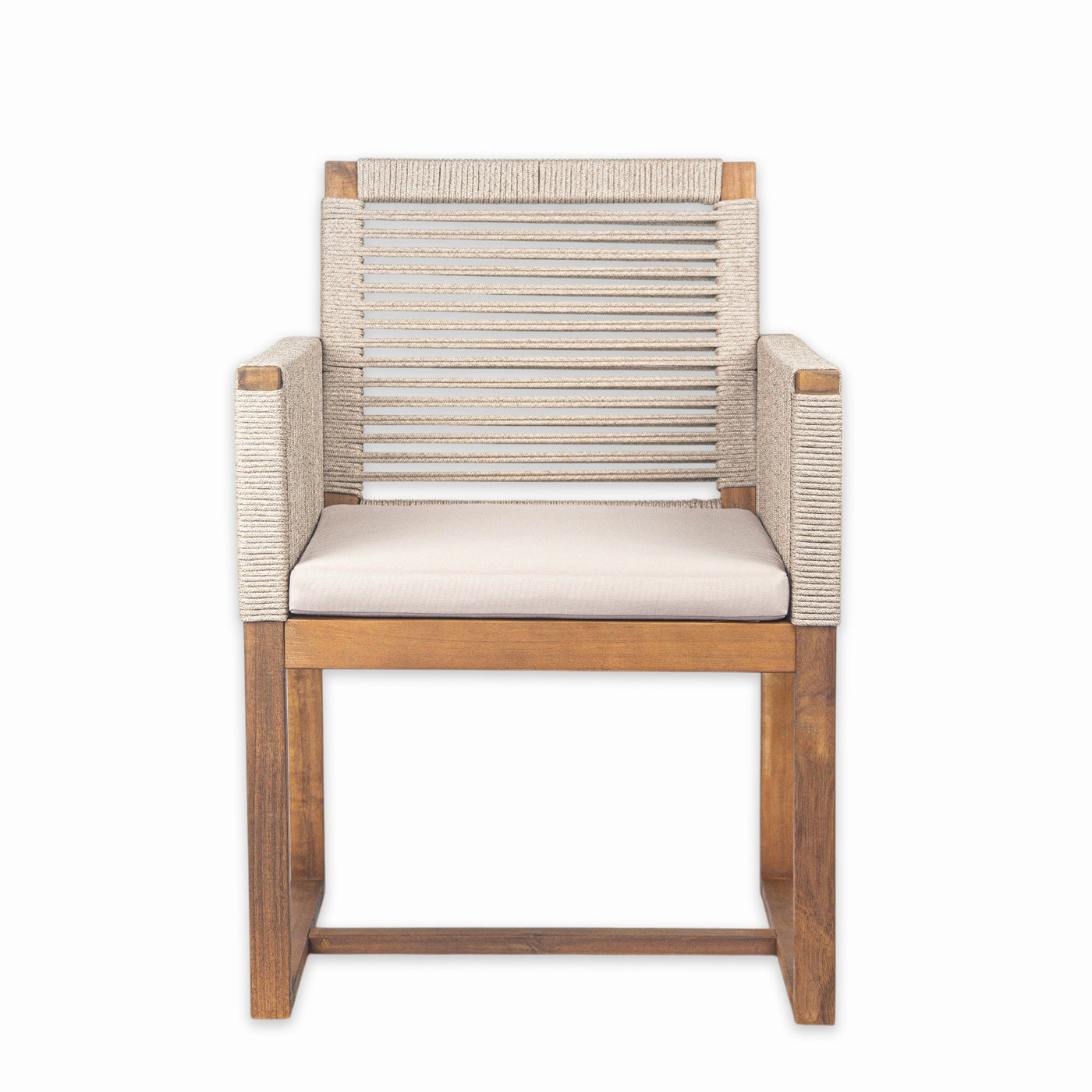 Acacia Wood Outdoor Dining Chairs Set of 2 with Rope Design Back and Arms, Washable Cushion, Light Brown