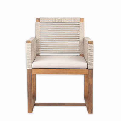 Acacia Wood Outdoor Dining Chairs Set of 2 with Rope Design Back and Arms, Washable Cushion, Light Brown