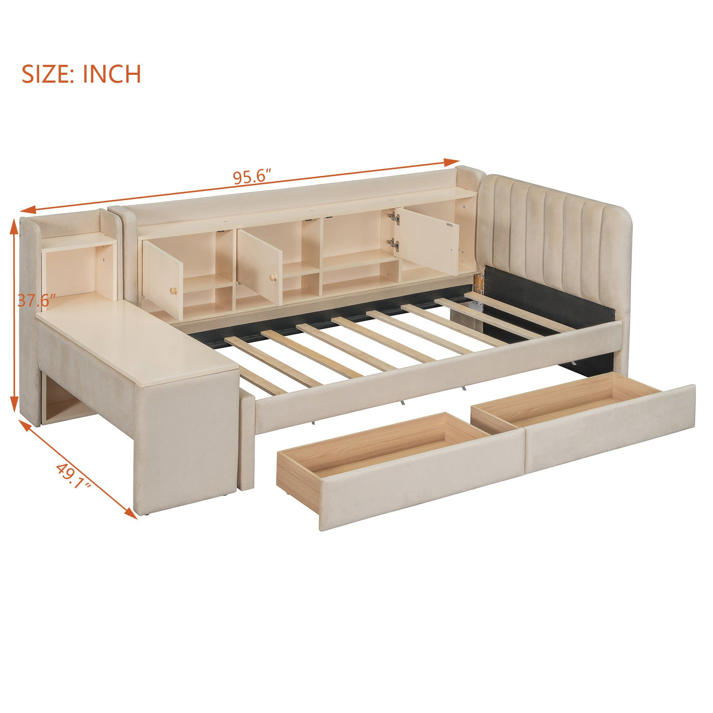 Twin Size Upholstered Daybed with Drawers, Shelves, Flip Cabinets & Side Table (Beige)