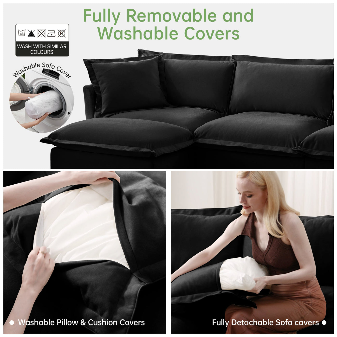 Slip-covered Armchair with 1 Big Back Cushion and 2 Big Toss Pillows, Single Deep Seat Comfy Single Couch Sofa Multiple Large Soft Pillows, Chenille Fabric, Black