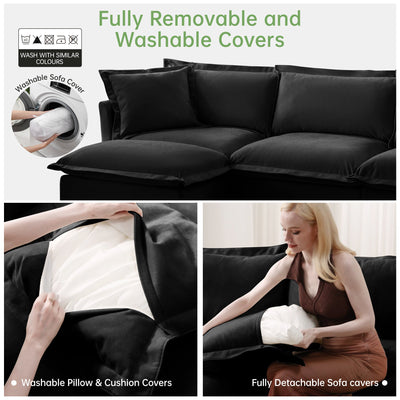 Slipcovered Sectional 2 Seater Sofa Couch with Convertible Ottoman, Wide and Deep Seat L Shaped Sofa with Detachable Cover and Soft Multiple Big Pillows, Chenille Fabric,Black