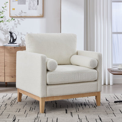 35.4' Wide Modern Farmhouse Performance Accent Chair with Natural Wood Legs, Wood Base Reading Armchair Single Sofa with Two Bolster Pillows for Living Room Offices and Lounge, Ivory Boucle.