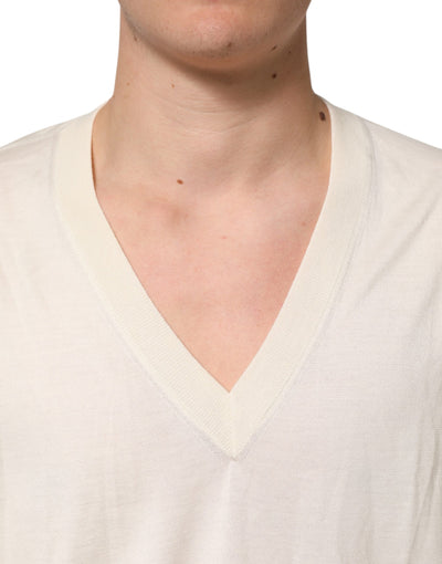 Dolce & Gabbana Ivory Virgin Wool Men V-Neck Knit Sweater