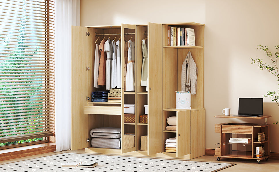 4-Door Wardrobe with Shelves, Drawers, and Full-Length Mirror, Natural