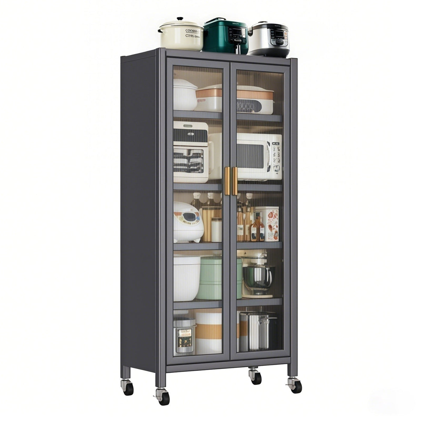 65' Kitchen Pantry Storage Cabinet, 6 Tier Metal Display Storage Cabinet with Transparent Door, Adjustable Shelves & Wheels, Food Pantries Cabinets, for Kitchen, Living Room and Dining Room, Gray