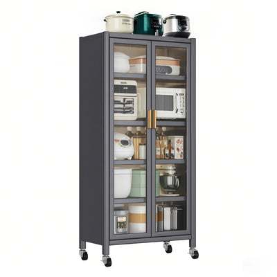 65' Kitchen Pantry Storage Cabinet, 6 Tier Metal Display Storage Cabinet with Transparent Door, Adjustable Shelves & Wheels, Food Pantries Cabinets, for Kitchen, Living Room and Dining Room, Gray