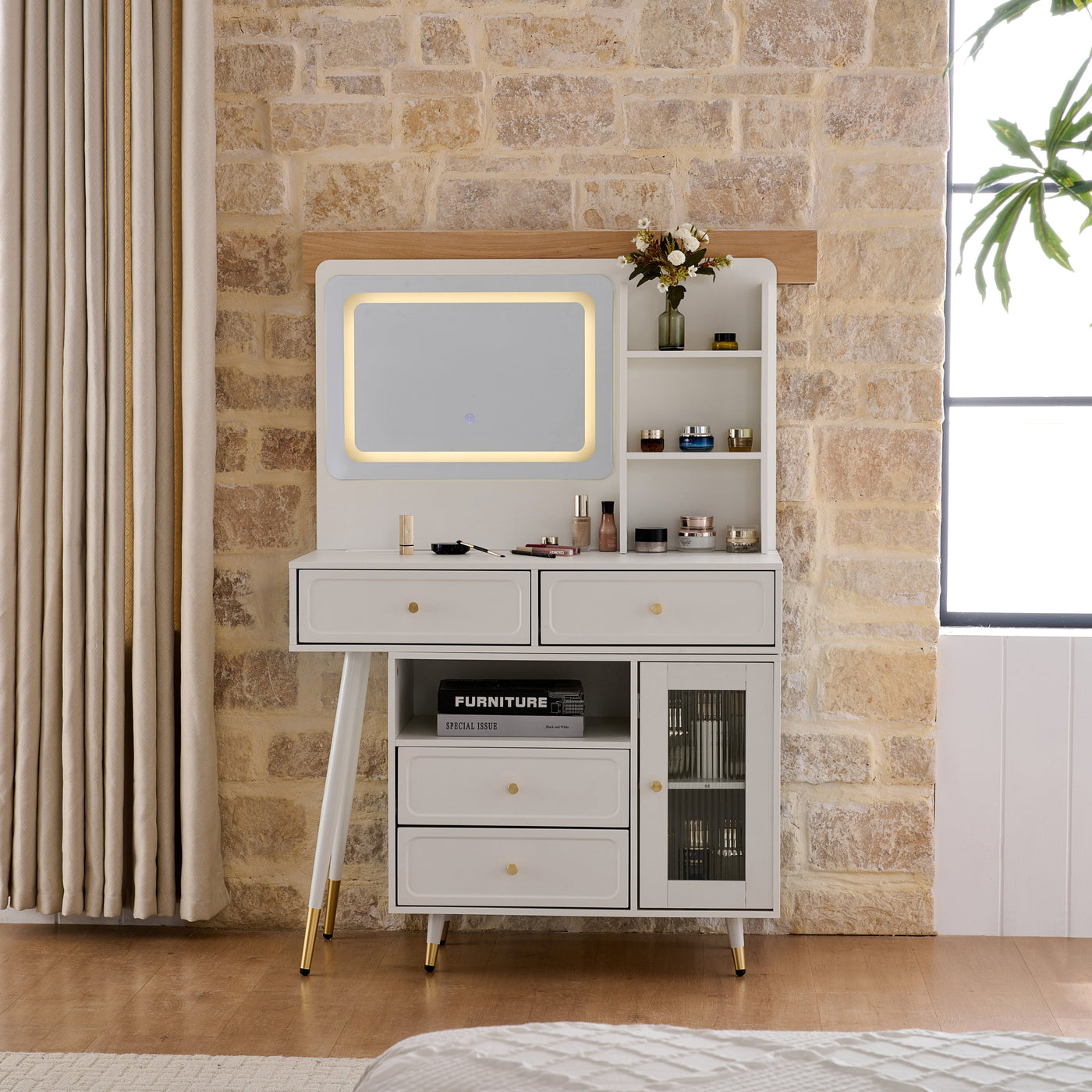 Modern Makeup Vanity Desk with Mirror and Lights, Retractable Dressing Table with Drawers and Cabinet, Compact Makeup Table Set with Power Outlet for Bedroom, White