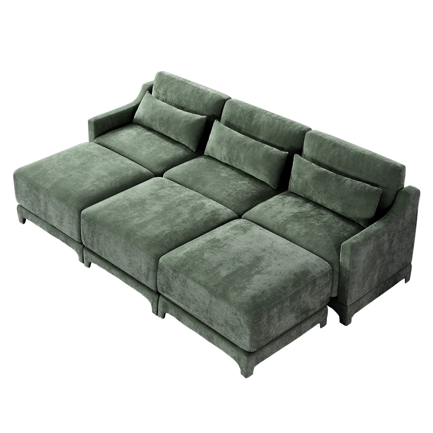 Ergonomic Three-Seater Sofa with Movable Ottomans and Lumbar Pillow in Green Chenille with Wooden Base