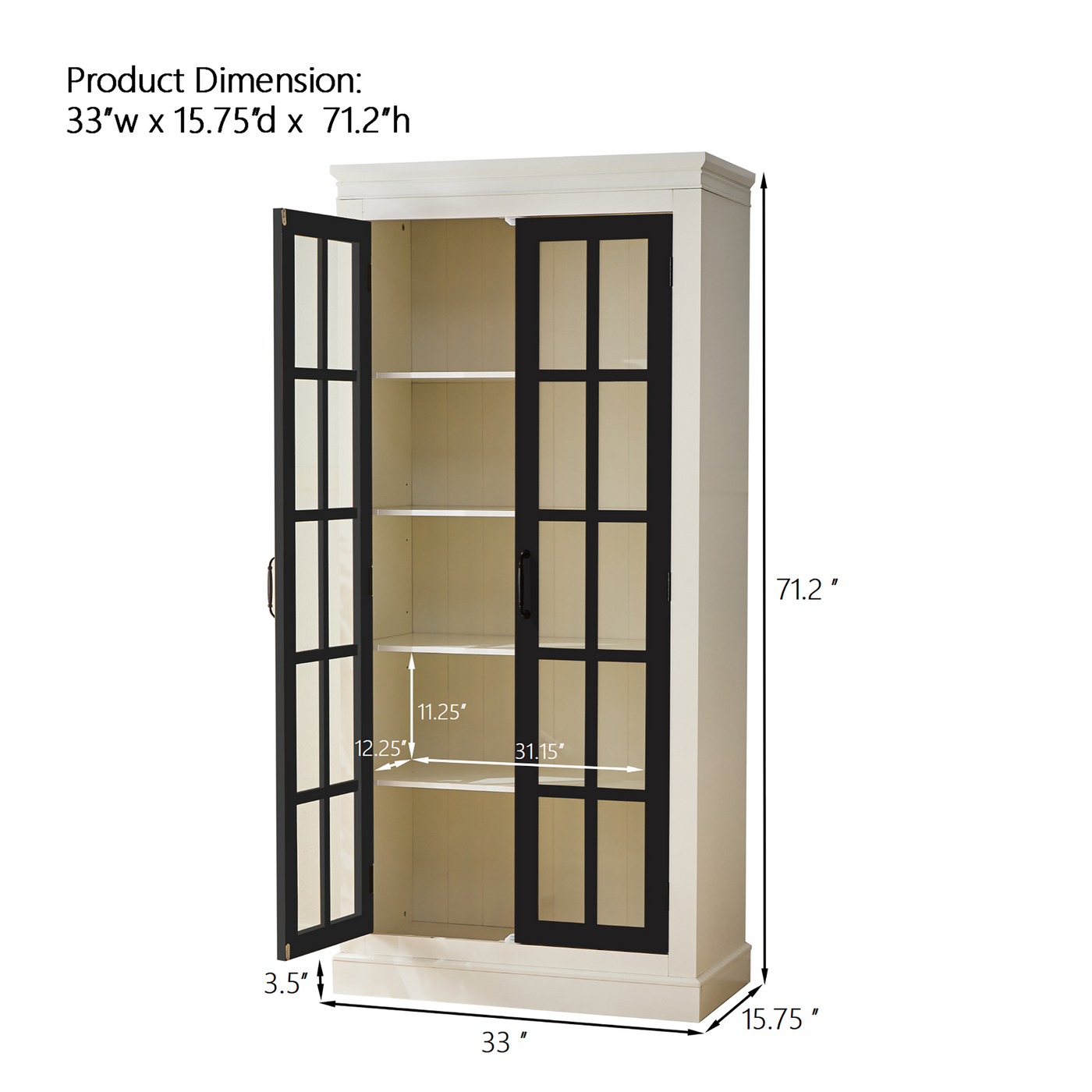 Rustic Style Display Cabinet with Glass Doors for Collectibles - White & Black, 71.2'' Tall