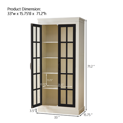 Rustic Style Display Cabinet with Glass Doors for Collectibles - White & Black, 71.2'' Tall