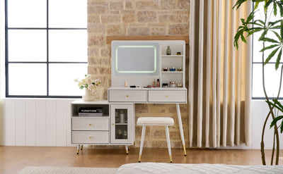 Modern Makeup Vanity Desk with Mirror and Lights, Retractable Dressing Table with Drawers and Cabinet, Compact Makeup Table Set with Power Outlet for Bedroom, White