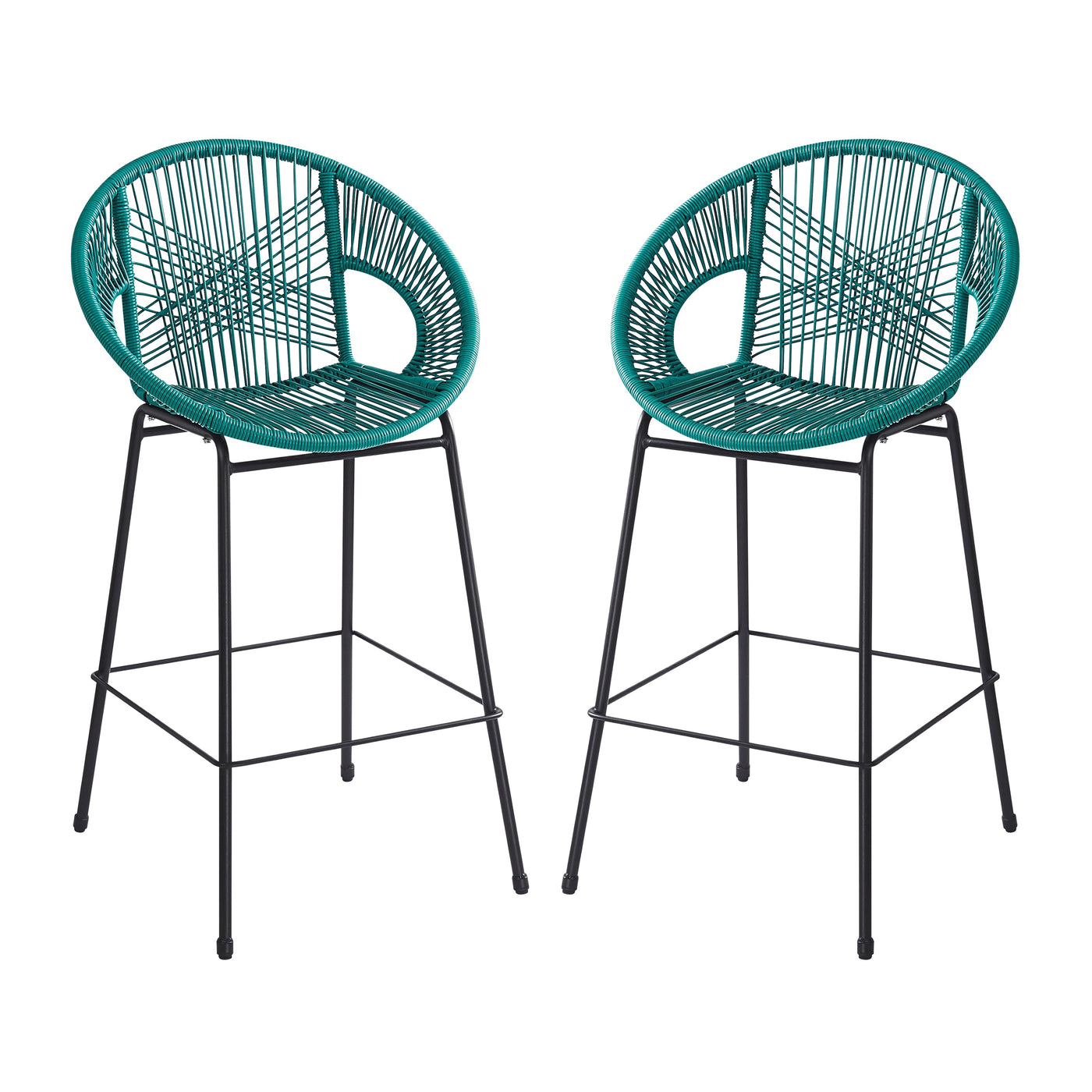 Ferrara Outdoor Patio Teal Faux Wicker Barstool Set, Durable PE Material, Ergonomic Design, Teal Wicker with Black Frame
