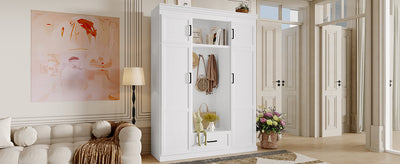 U-Can 85.2''H Hall Tree with Bench and 3 Hooks, Modern Entryway Storage Organizer Cabinet with 4 Doors, 1 Drawer and Adjustable Shelves for Hallway, Entryway, Living Room