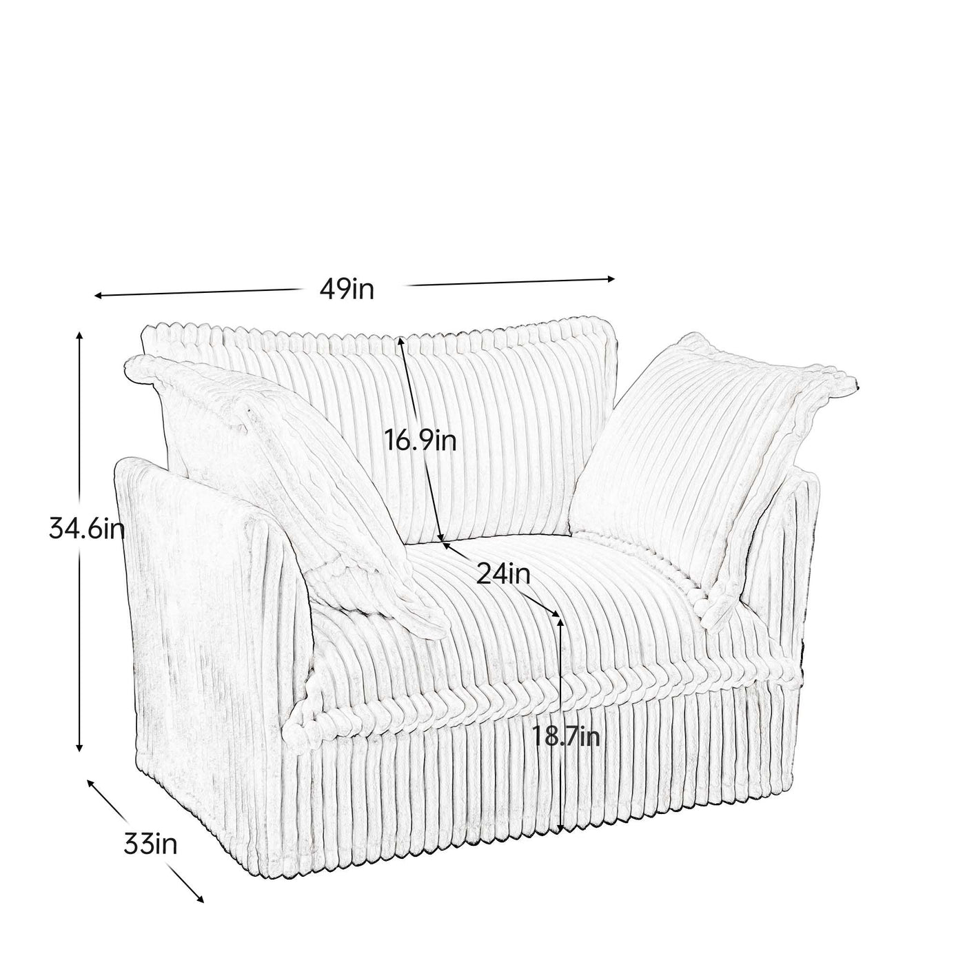 Slip-covered Armchair with 1 Big Back Cushion and 2 Big Toss Pillows, Single Deep Seat Comfy Single Couch Sofa Multiple Large Soft Pillows, Camel Corduroy Fabric