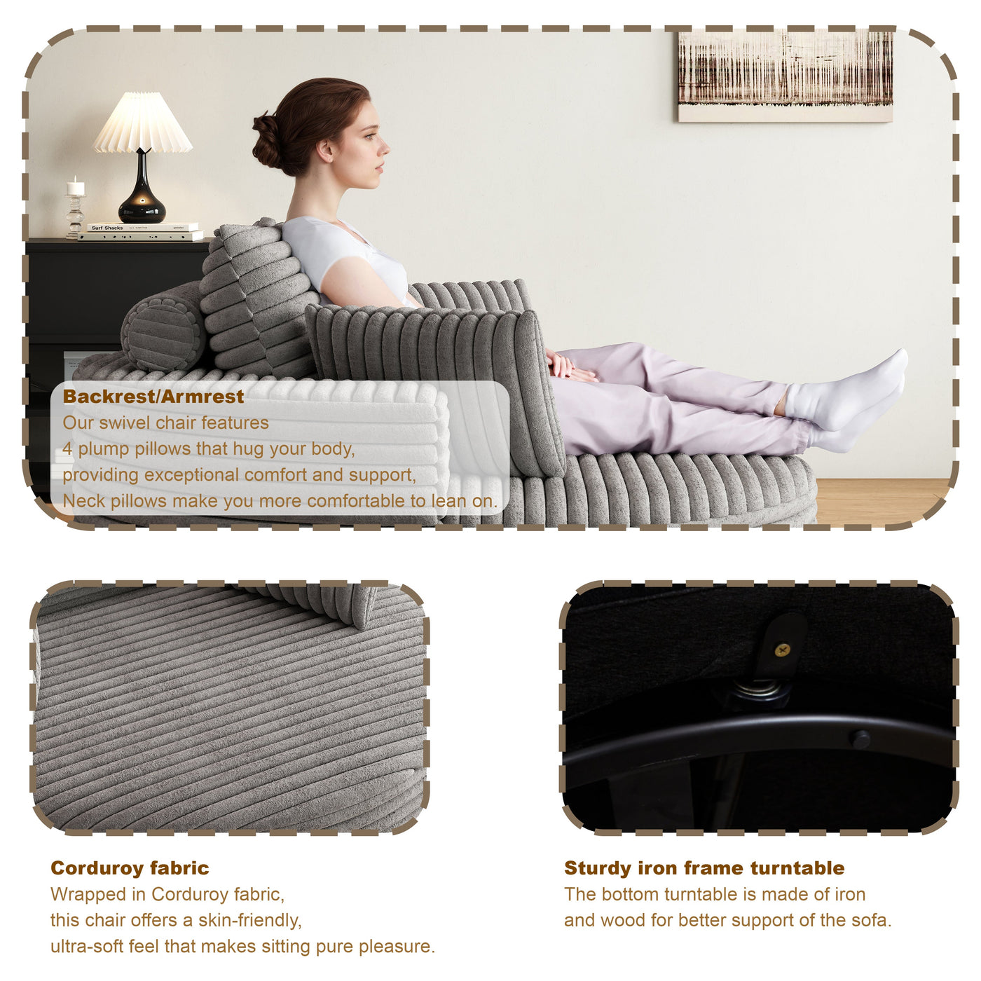 55''L Corduroy Chenille Foam Single Swivel Chair, Fluffy Modern Sleeper, 360 Degree Swivel Chair for Living Room, Bedroom, Lounge and Projection Room