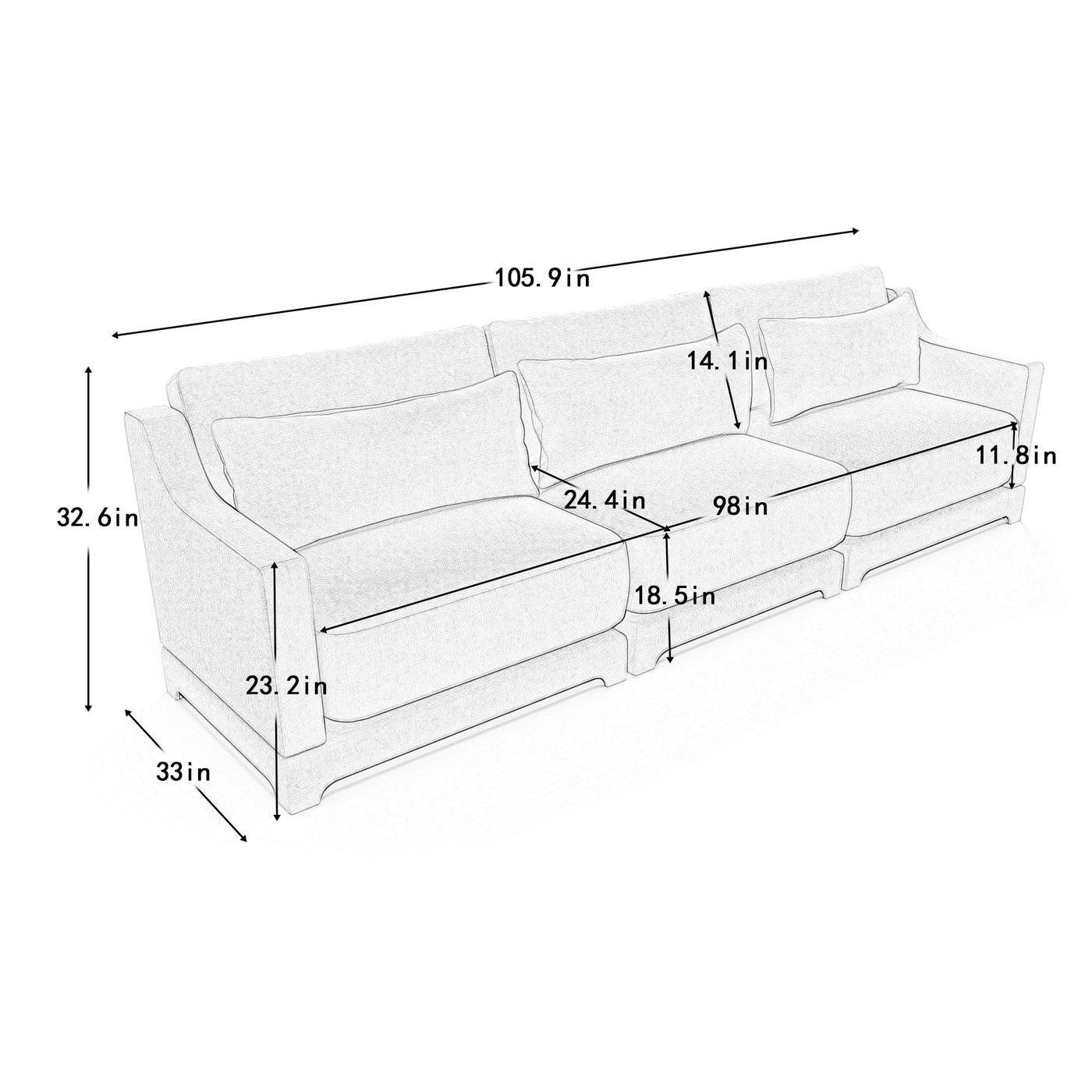 Elegant Sky Blue Three-Seater Sofa with Lumbar Pillow, Chenille Upholstery, Ergonomic Design, Wooden Base