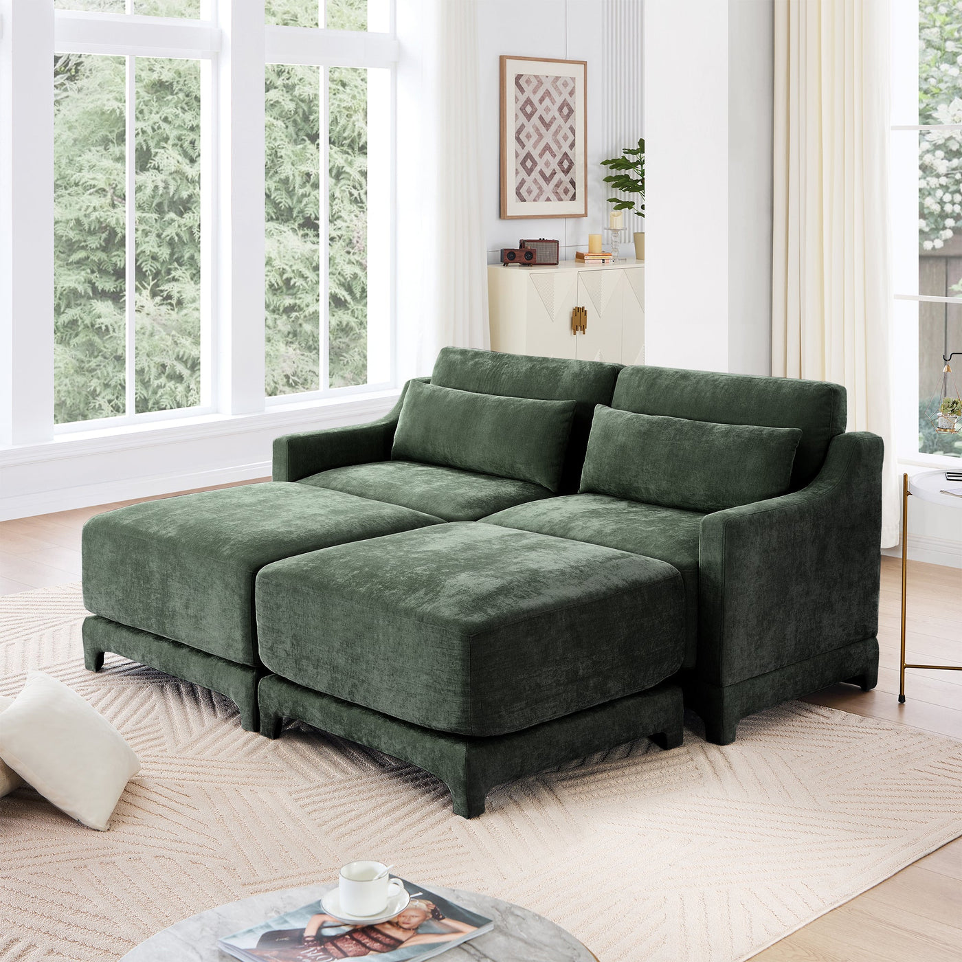Stylish Two-Seater Sofa with Ottoman and Lumbar Pillows, Green Chenille Fabric, Ergonomic Design