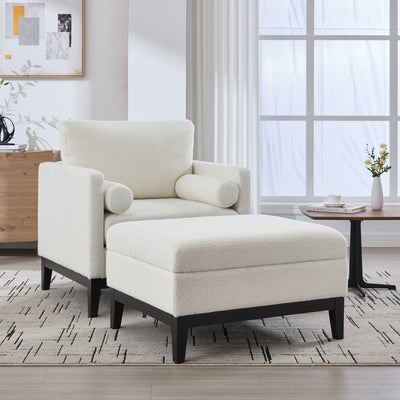 Farmhouse 35.4 in. Upholstered Accent Chair with Ottoman, Ivory Boucle and Black Wood Base, Reversible Lid Coffee Table for Living Room or Office